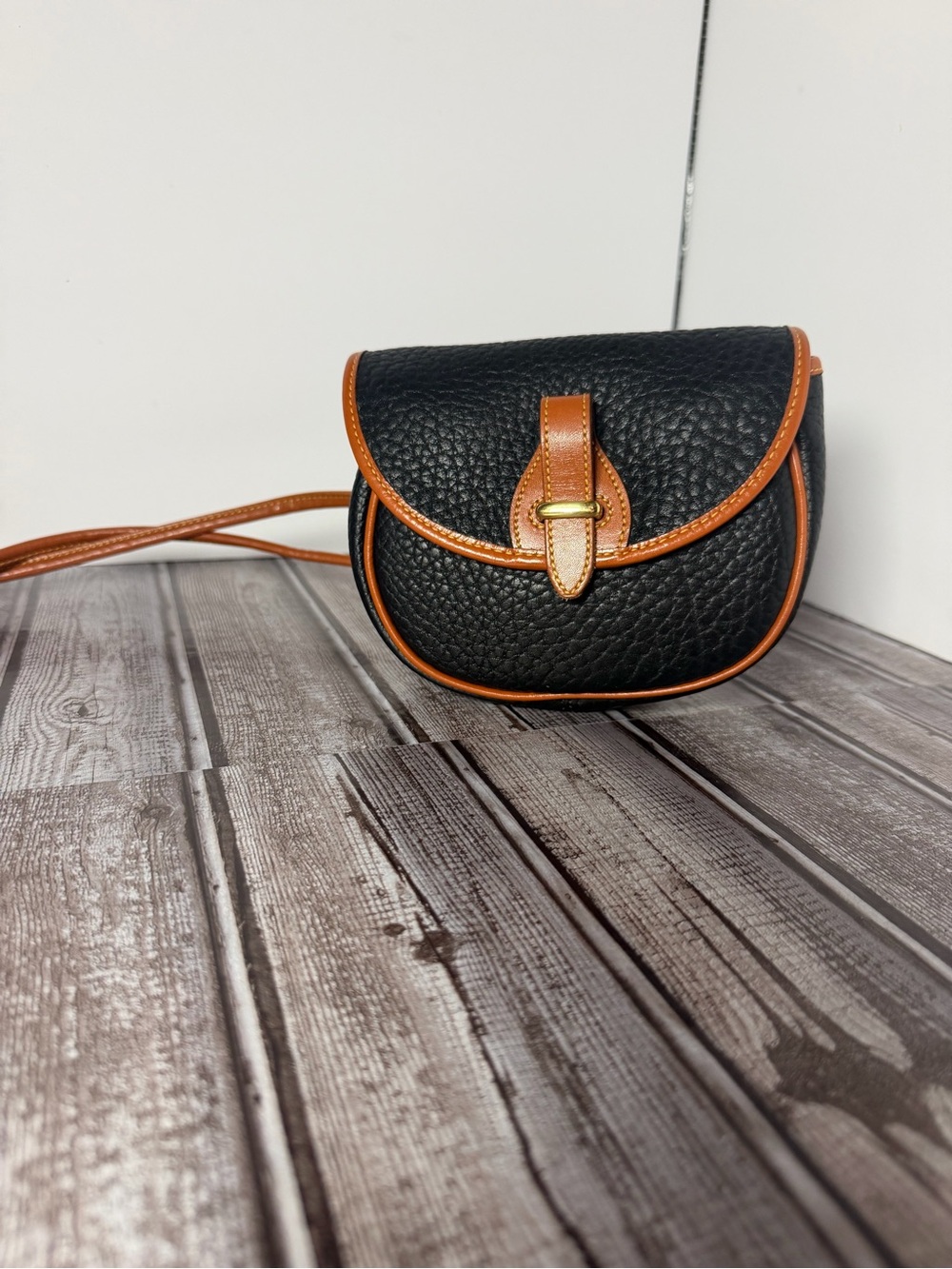 Dooney & Bourke Black Pebbled Crossbody with Tan Trim and Strap